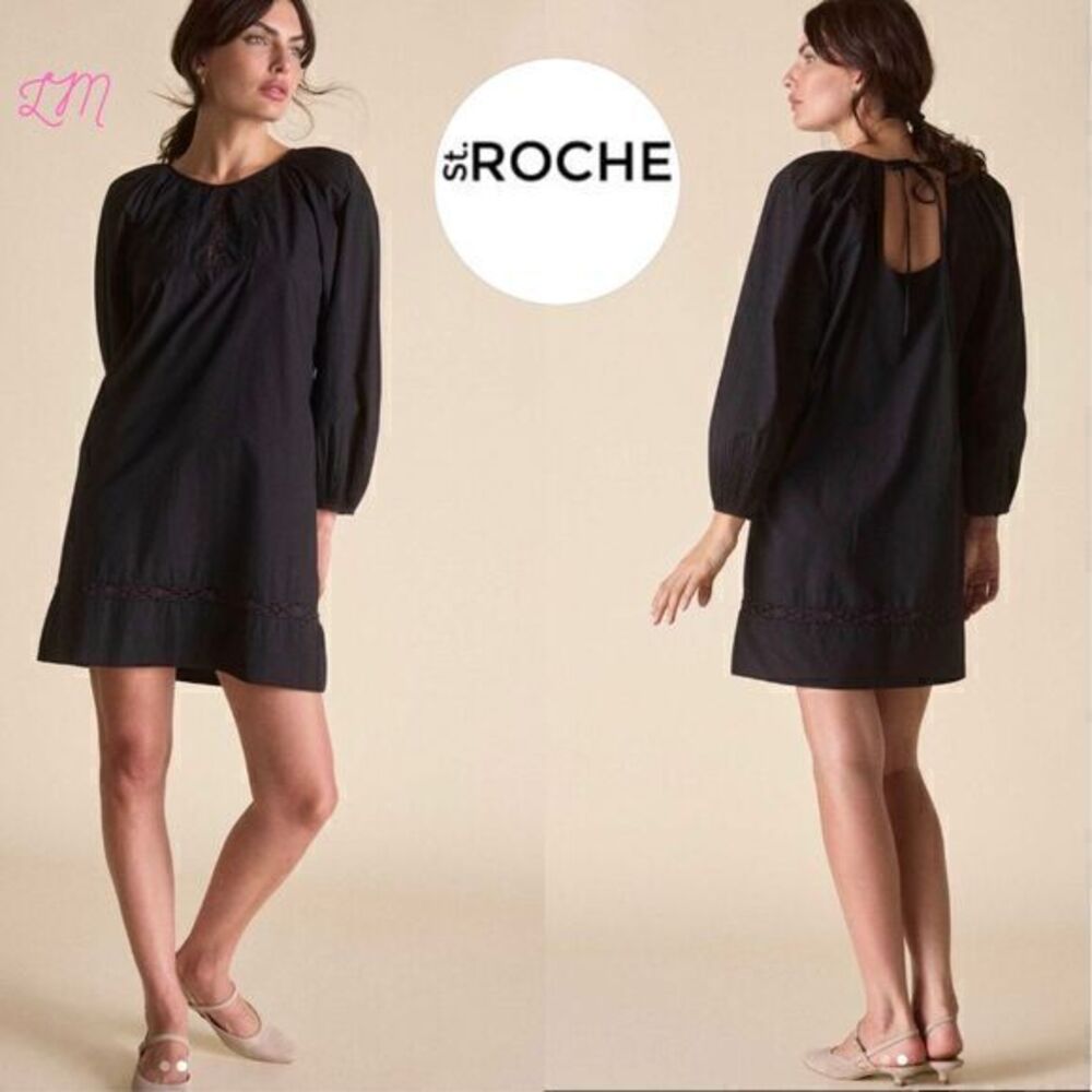 St. Roche Fountain‎ Dress Size 6 Black Pleated Sleeves Crochet Details